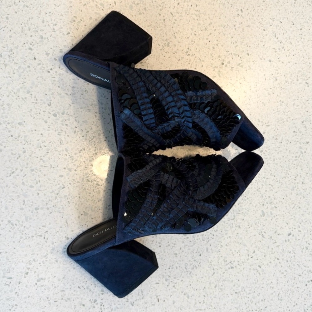 Navy Blue Block Heel Open Toe Slide Sandals Leather & Suede With Sequin Design - Picture 11 of 15
